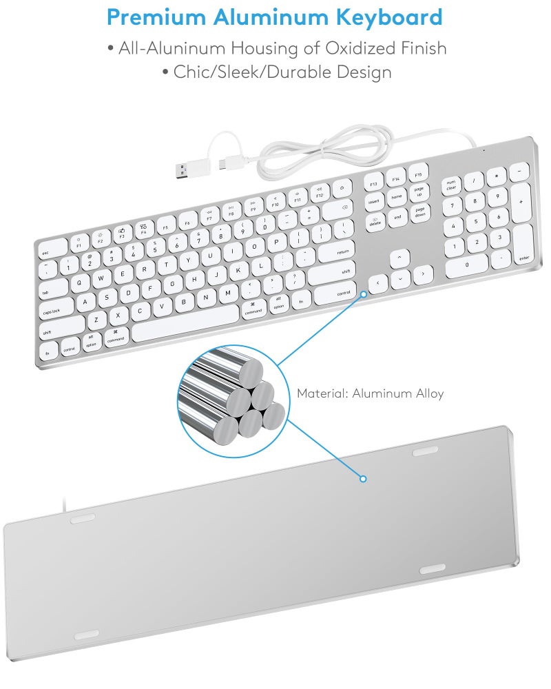 9H Aluminum USB Wired Keyboard with Numeric Keypad for Mac Pro, Mini Mac, iMac, iMac Pro, MacBook Pro/Air, Laptop and PC Computer - Image 4
